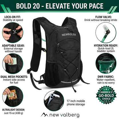 Bold 20: Hydration Backpack with 2L Water Bladder for Hiking, Running, Biking